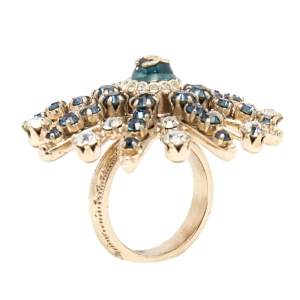 Chanel Pale Gold Tone Crystal Embellished CC Starburst Ring Size EU 53