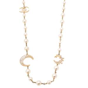 Chanel CC Crystal Faux Pearl Gold Tone Station Necklace 