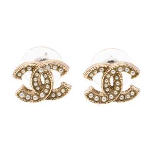 Chanel CC Faux Pearl Gold Tone Stud Earrings