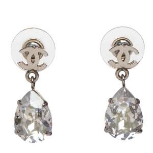Chanel Silver Tone CC Crystal Teardrop Earrings