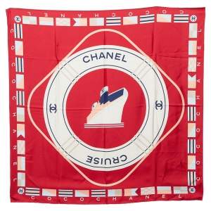 Chanel Red Logo Cruise Printed Silk Square Scarf 
