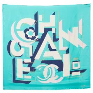 Chanel Turquoise Green Geometric Printed Silk Square Scarf