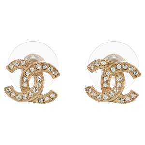 Pre Owned Chanel Pale Gold Tone Crystal CC Stud Earrings