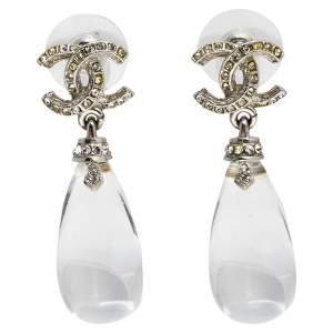 Chanel CC Crystal Silver Tone Drop Earrings