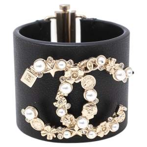 Chanel Black Leather Pale Gold Tone Embellished Logo Cuff Bracelet