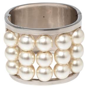 Chanel Faux Pearl Silver Tone Hinged Cuff Bracelet