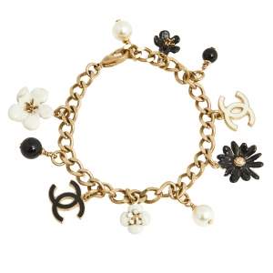 Chanel Gold Tone Enamel Daisy & Faux Pearl Charm Bracelet 