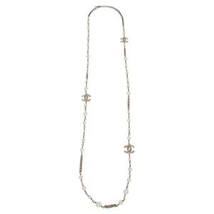 Chanel Gold Tone Faux Pearl CC Station Necklace
