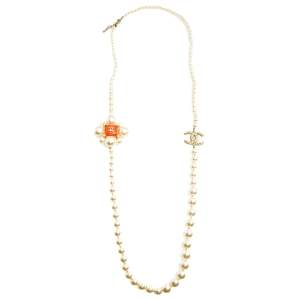 Chanel Faux Pearl Orange Gripoix CC Charm Long Necklace