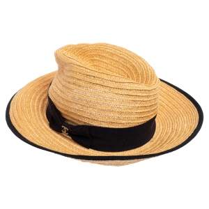Pre Owned Chanel Tan Straw CC Fedora Hat S