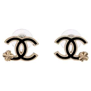 Pre Owned Chanel Gold Tone Enamel CC Clover Stud Earrings