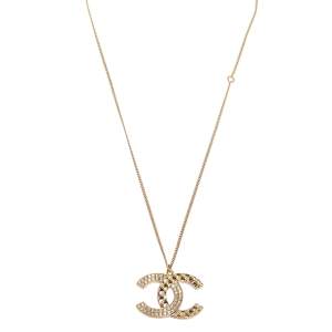 Chanel Gold Tone Baguette Crystal & Quilt Patterned CC Pendant Necklace