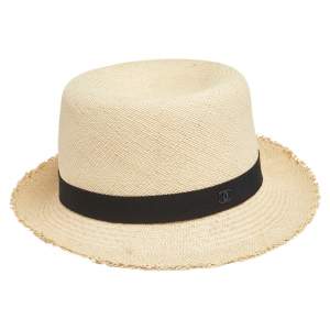 Pre Owned Chanel Beige Straw CC Fedora Hat M