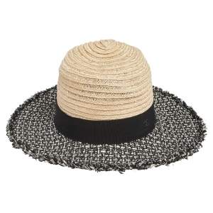 Pre Owned Chanel Beige Straw & Tweed Fedora Hat M