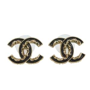 Pre Owned Chanel CC Black Enamel Gold Tone Baroque Stud Earrings