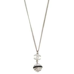 Chanel CC Silver Tone Metal Crystal Ball Pendant Necklace
