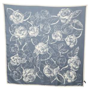 Pre Owned Chanel Blue Camellia Print Silk Square Scarf