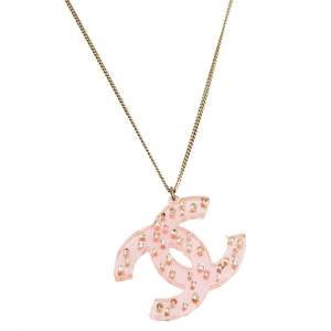 Chanel Pink Resin Crystal CC Pendant Necklace