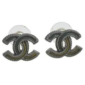 Chanel CC Resin Silver Tone Metal Stud Earrings