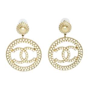 Pre Owned Chanel Light Gold Tone CC Faux Pearl Drop Earrings