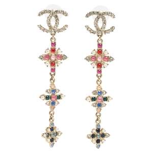 Pre Owned Chanel Light Gold Tone Multicolor Crystals CC Dangle Earrings