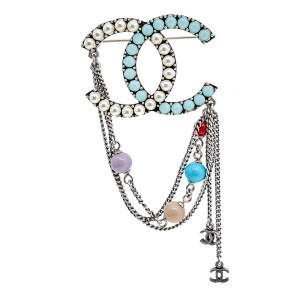 Pre Owned Chanel CC Faux Pearls Crystals Multi Color Beads Silver Tone Metal Brooch