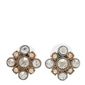 Pre Owned Chanel CC Floral Crystal Embellished Silver Tone Stud Earrings