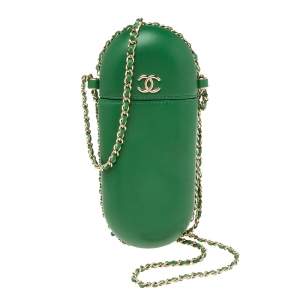 Pre Owned Chanel Green Leather CC Glasses Case with Chain