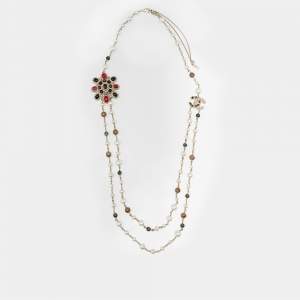 Pre Owned Chanel Gold Tone Gripoix CC Charm Layered Necklace