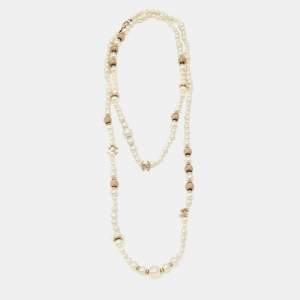 Chanel CC Charm Faux Pearl Crystal Gold Tone Beaded Long Necklace