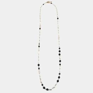 Pre Owned Chanel Monochrome Faux Pearls Crystal CC Charm Station Necklace