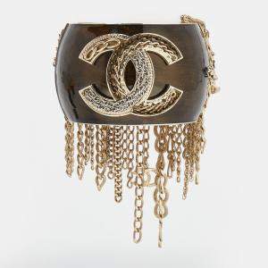 Pre Owned Chanel Two Tone Chain Link Tasseled Resin CC Cuff Bracelet