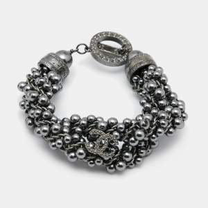 Pre Owned Chanel CC Grey Faux Pearls Gunmetal Tone Bracelet 