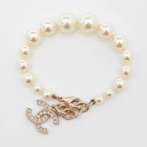 Pre Owned Chanel Gold Tone Faux Pearl Crystal CC Charm Bracelet