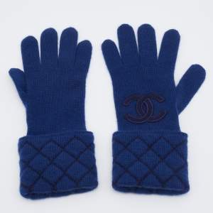 Pre Owned Chanel Royal Blue CC Applique Cashmere Blend Gloves
