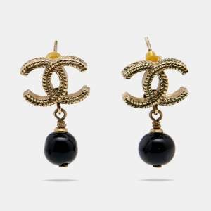 Pre Owned Chanel CC  Glass Bead Gold Tone Earrings