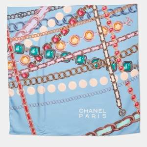 Pre Owned Chanel Blue Bag Chain Print Silk Scarf
