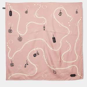 Pre Owned Chanel Pink Bead CC Charms Print Silk Scarf