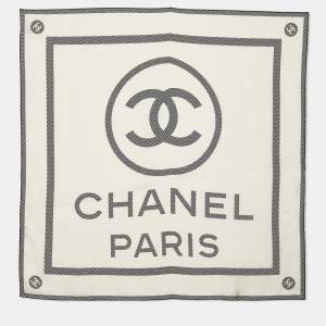Pre Owned Chanel White CC Logo Print Silk Scarf