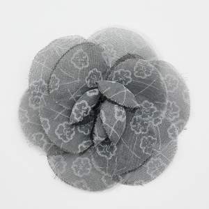 Pre Owned Chanel Monochrome Printed Silk Camellia Pin Brooch