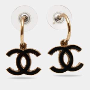 Pre Owned Chanel Gold Tone Black Enamel CC Drop Earrings