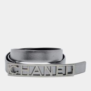 Pre Owned Chanel Silver Leather Logo Belt 80CM