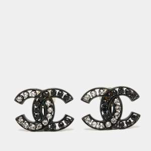 Pre Owned Chanel CC Crystals Gunmetal Tone Clip On Earrings