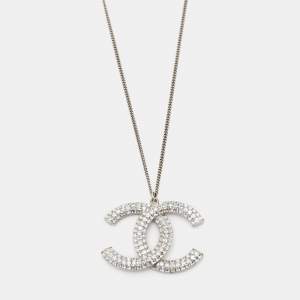 Pre Owned Chanel CC Crystals Silver Tone Pendant Necklace