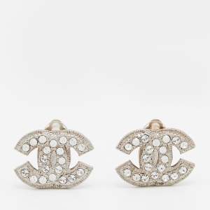 مملوكة مسبقًا Chanel Silver Tone Crystal CC Clip-On Stud Earrings