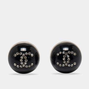 Pre Owned Chanel Black CC Crystal Dome Stud Earrings