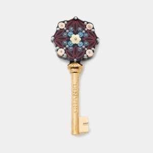 Pre Owned Chanel Multicolor Gold Tone Enamel Key Brooch 