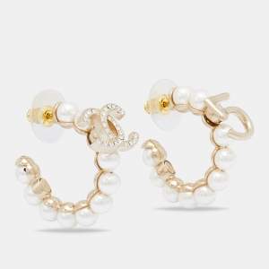 Pre Owned Chanel Faux Pearl & Crystal CC No 5 Hoop Earrings