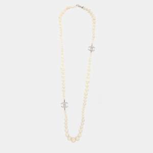 Pre Owned Chanel Silver Tone Graduated Faux Pearl CC Charm Necklace