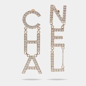 Pre Owned Chanel Pale Gold Tone Crystal Studded Logo Drop Earrings